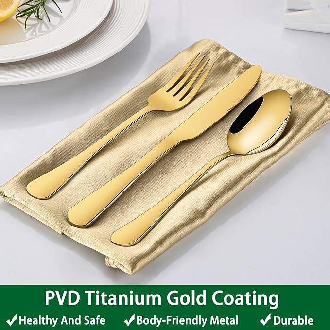 DEHOV 30 PCs Gold Flatware Sets Service For 6 Person,Shiny Gold Stainless Steel Silverware Sets Dinner Knives Fork And Spoons For Home Party And Wedding