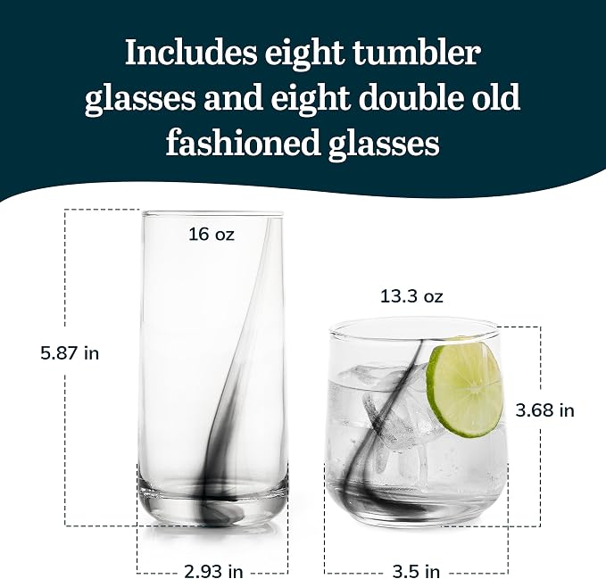 Libbey Ascent Black Ribbon Tumbler and Rocks Drinking Glasses Set of 16, Glass Drinking Glasses with Curvature, Versatile Glassware Set for Daily Use