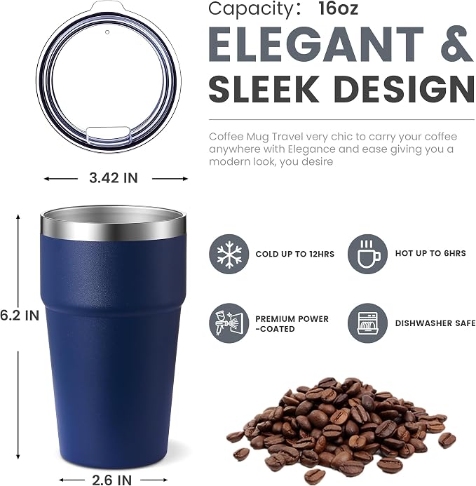 MEWAY 16oz Tumbler Double Wall Vacuum Insulated Travel Mug Bulk, Stainless Steel Tumblers with Lid, Powder Coated Coffee Cups for Cold & Hot Drinks (Navy,18 Pack Pack)
