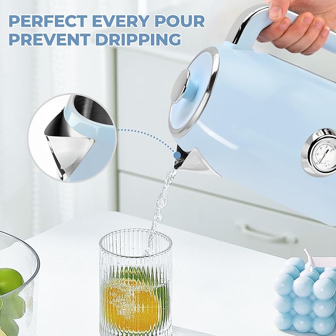 SUSTEAS 57oz Electric Kettle with Thermometer, Hot Water Pot, Blue | Electric Tea Kettle for Boiling Water, 1500W Stainless Steel Pot, Cordless LED Indicator, Auto Shut-Off & Boil Dry Protection