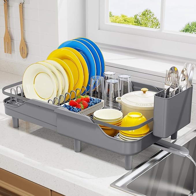 Urackify Expandable Dish Drying Rack for Kitchen Counter,16.2-23.7in,Grey | Adjustable Capacity, Self-Draining Drainboard, Heavy-Duty Steel Frame, Stable Plate Rack, Fits Most Sinks