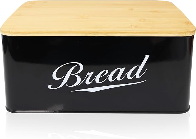 RoyalHouse Modern Metal Bread Box with Bamboo Cutting Board Lid | Bread Storage Container for Kitchen Counter, Vintage Kitchen Decor Organizer - Black