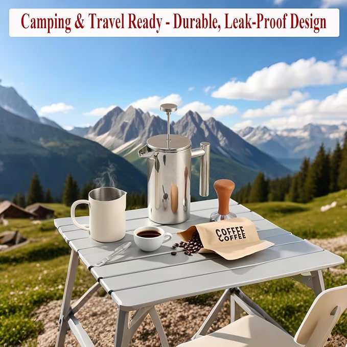 Stainless Steel French Press Coffee Maker - Portable Cafetiere 3 Cup Espresso Coffee Press - Double Wall Insulated, Triple Mesh Filter - Perfect for Home, Office, Camping & Travel (20 Oz)