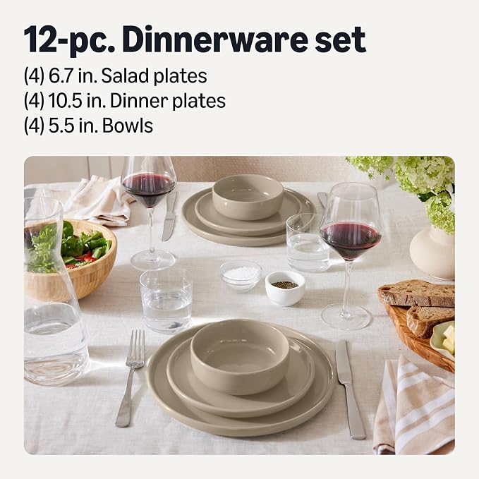 Amazon Basics Glazed Stoneware Dinnerware, 12-Piece Set, 4 Full Place Settings, Dishwasher-Safe, Microwave-Safe, Linen Gray