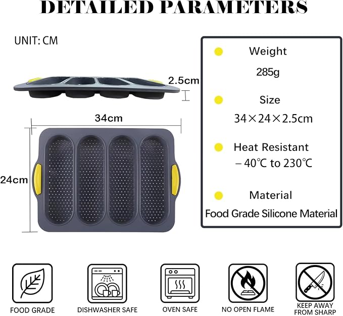 Silicone Bread Loaf Pan, Nonstick Baguette Bread Pan, 4-cavity | Food Grade Silicone Molds for Baking Hot Dog Buns Hoagie Rolls Sandwich, Sourdough Loaf Pan, Bread Pans for Homemade Bread