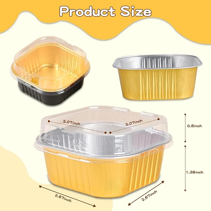 40 Pack Mini Cake Pans with Lids, 5oz Square Aluminum Foil Brownie Baking Cups, Muffin Tin Ramekins, Disposable Dessert Cupcake Cups for Wedding Birthday Party, White