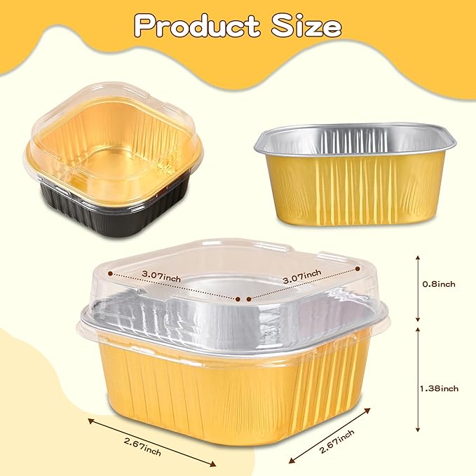 40 Pack Mini Cake Pans with Lids, 5oz Square Aluminum Foil Brownie Baking Cups, Muffin Tin Ramekins, Disposable Dessert Cupcake Cups for Wedding Birthday Party, Gold