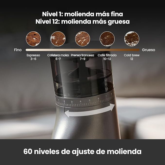 Gemilai Electric Conical Burr Coffee Grinder, Coffee Bean Grinder with Smart 60S Timer, 60 Precise Adjustable Grind Settings for Espresso, 2-12 Cup, Easy to Clean, Durable & Quiet, G9010B Grey