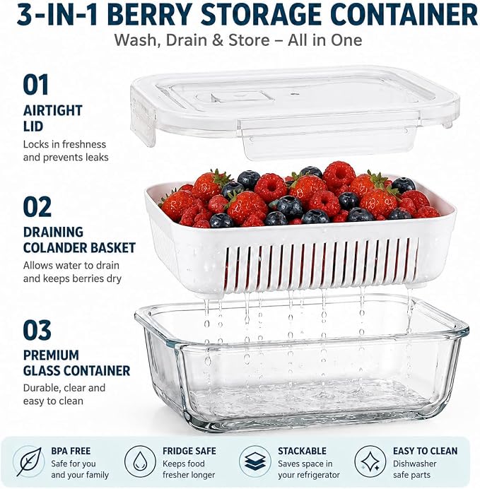 4 Pack Glass Berry storage containers for fridge with Removable Colander and Vent Valve, Fresh fruit Produce Storage Set（white）