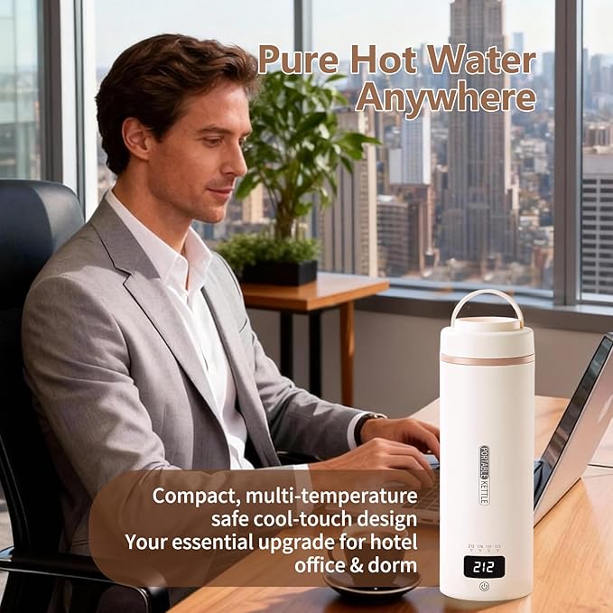 Travel Kettle, Portable Electric Kettle for 4 Temperature Controls, Cream | 304 Stainless Steel Liner, Auto Shut-off, 300W (120V) Fast Boiling, Water Bottle for Business Trips, Dorm & Office, 450ml