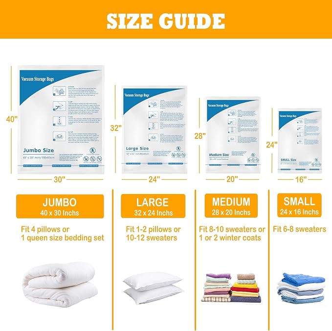 MEIQIHOME Vacuum Storage Bags, Space Saver Sealer Bags,Vacuum seal bags for clothing, Pillows, Comforters, Blankets, Bedding,Travel,12 Jumbo
