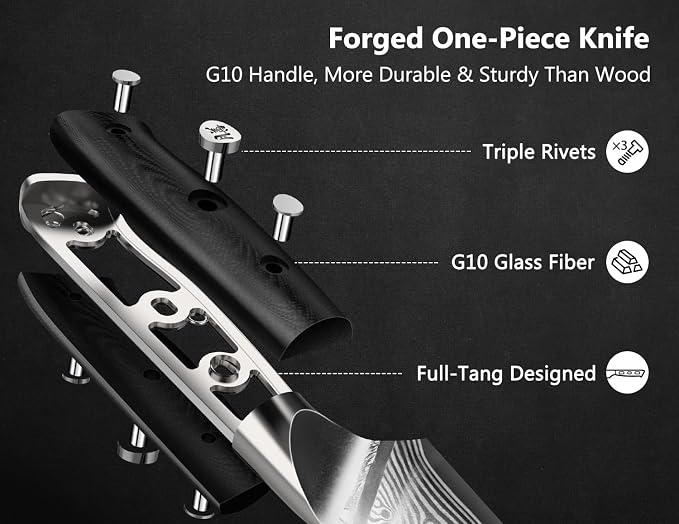 SHAN ZU Steak Knife of 7, 4.5 Inch Damascus Steak Knife Set with Block | Japanese High Carbon Steel Kitchen Serrated Knives Set with Ergonomic G10 Handle and Gift Box