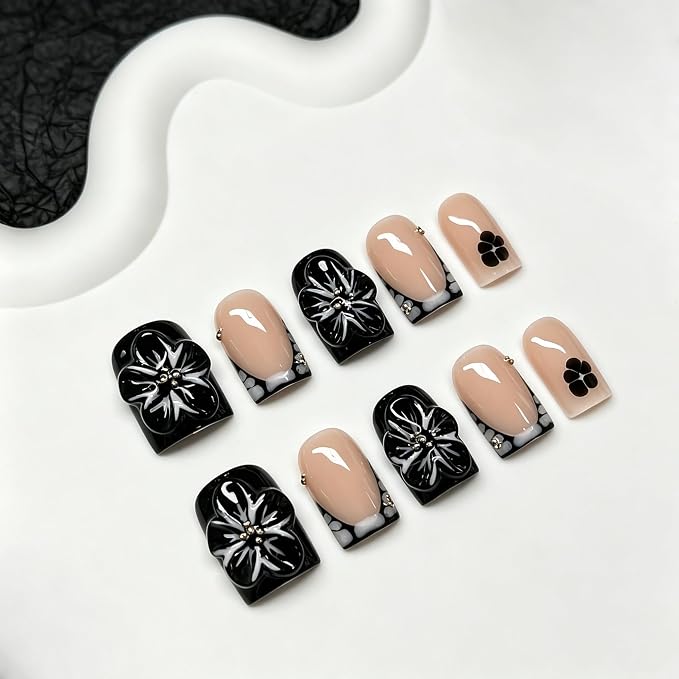 Flower Press on Nails Handmade Black French Tip Fake Nail with 3D Flower Designs Salon Quality Glossy Full Cover Elegant Nail Art Thick Acrylic Nails Short Square Handmade Stick on Nails（S)