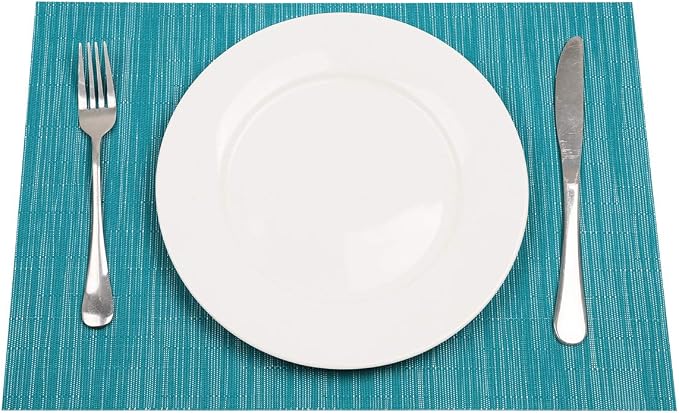 SHACOS Woven Vinyl Placemats Set of 4 Non Slip Heat Resistant Place Mats Durable PVC Stain Resistant Wipe Clean Indoor Outdoor Table Mats (4, Teal Blue)