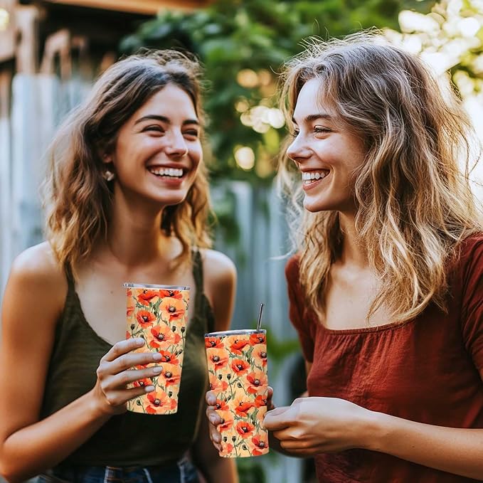 Orange Poppy Floral Tumbler 20 oz Stainless Steel Insulated Travel Mug with Lid and Straw, Flower Coffee Tumbler Cup for Hot Cold Drinks, Botanical Floral Gifts for Women