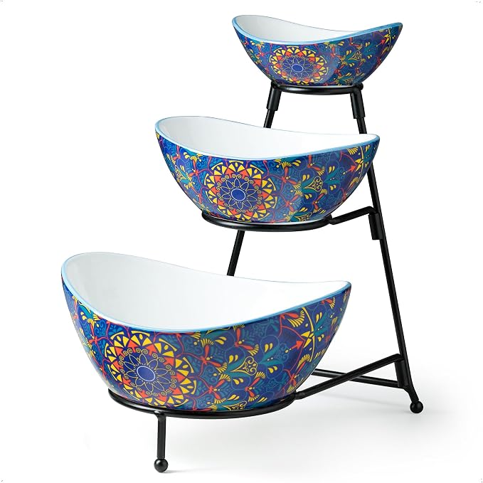 YHOSSEUN 3 Tier Serving Bowls, Tiered Serving Platter and Trays for Parties | Serving Dishes for Entertaining, Oval Tiered Serving Bowl Set with Metal Serving Stand, Appetizer Serving Tray