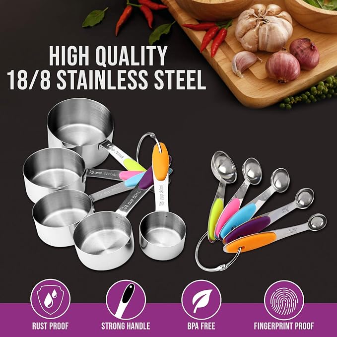 Measuring Cups and Spoons Set 13 Piece. Includes 10 Stainless Steel Measuring Spoons and Cups Set and 3 Plastic Measuring Cup. Liquid Measuring Cups Set and Dry Metal Measuring Cup Set