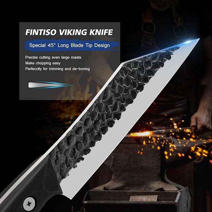 FINTISO Chef Knife 7 Inch, Boning Knife with G10 Handle, Sharp Viking Knife | Professional Butcher Knife with Ergonomic Full-Tang Handle, Japanese Kitchen Knife for Home, Camping & BBQ