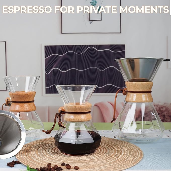 Pour Over Coffee Maker 1000ml with 304 Stainless Steel Filter Wooden Collar Holder Borosilicate Glass Drip Coffeemaker Server Set Clear Hand Brew Dripper Carafe for Home Camping Travel 33.8oz