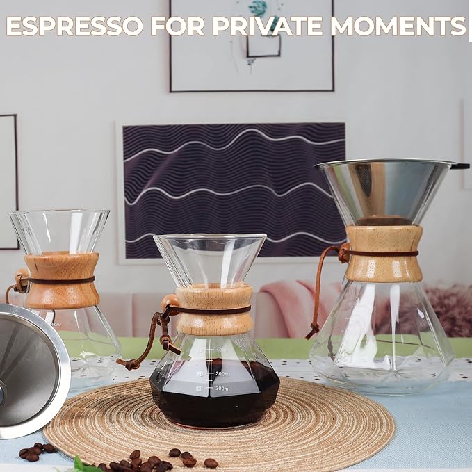 Pour Over Coffee Maker 600ml with 304 Stainless Steel Filter Wooden Collar Holder Borosilicate Glass Drip Coffeemaker Server Set Clear Hand Brew Dripper Carafe for Home Camping Travel 20.3oz