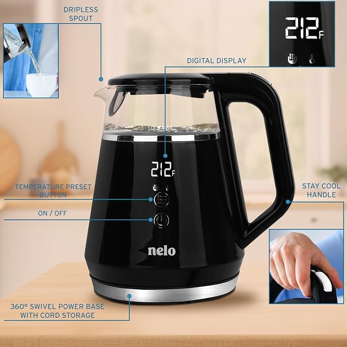 NELO Electric Kettle with 5 Temperature Control Presets, Large Digital Temperature Display, Multi-Colored LED Indicator Lights, Black Tea Kettle & Hot Water Boiler, 360° Base, BPA-Free, 1 Liter