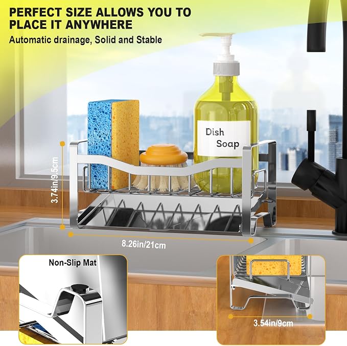 Stainless Steel Kitchen Sink Caddy Organizer with Auto Drain Tray, Sponge Holder for Countertop Storage Silver