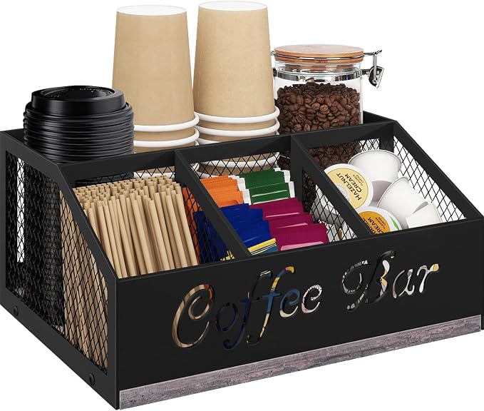Coffee Bar Organizer for Countertop, Wood Coffee Station Organizer | Coffee Cup and Supplies Holders with Metal Mesh Baskest, Stirrer Sugar Creamer Caddy, Coffee Bar Accessories and Organizer