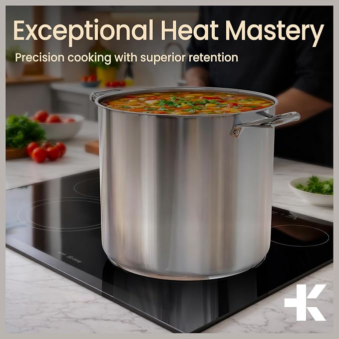 Stainless Steel Stockpot with Tempered Glass Lid 16 Quart, Durable 18/0 Stainless Steel, Impact-Bonded Base for Even Heating, Riveted Handles, Oven & All Stove Compatible, Safe Up To 500°F (260°C)