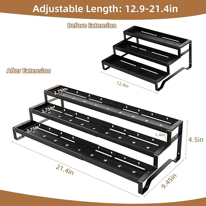 Expandable Spice Rack Organizer for Cabinet 3 Tier Spicy Shelf Black 1Pack | Adjustable Length 13"-21", Easy to See Labels, Sturdy Metal, Slip-Resistant Guardrails for Jars, Cabinet & Countertop Storage