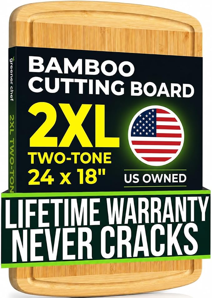 HUGE 24 Inch Bamboo Cutting Board with Lifetime Replacement - 2XL Extra Large Wooden Butcher Block for Kitchen, Stove Top, Meat, Vegetables, and Charcuterie with Deep Juice Grooves