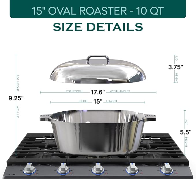 Cast Aluminum Oval Dutch Oven with Lid - 10 QT Heavy Duty & Lightweight Roaster Pan with Rack & Silicone Cover Dual Handles — Cajun Cookware for Roasting, Baking, Cooking (15" - Large)