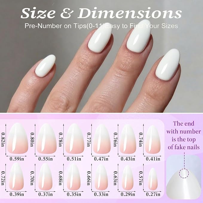White Press On Nails Almond -Short Press On Nails with Nail Glue | Short Almond Fake Nails,Hand-Applied UV Finish, Salon Quality Nails in 12 Sizes - 24 Nail Kit with Glue