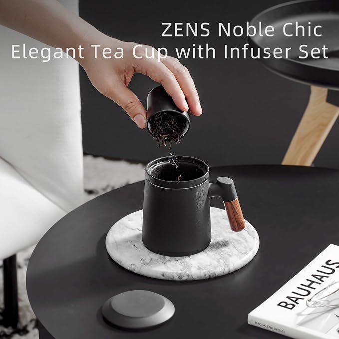 ZENS Tea Cup with Infuser and Lid for Loose Leaf Tea Steeper, 12oz Black | Embossed Ceramic Tea Infuser Mug with Fine Strainer for Herbal Tea Lovers Gifts, Vintage Wood Handle
