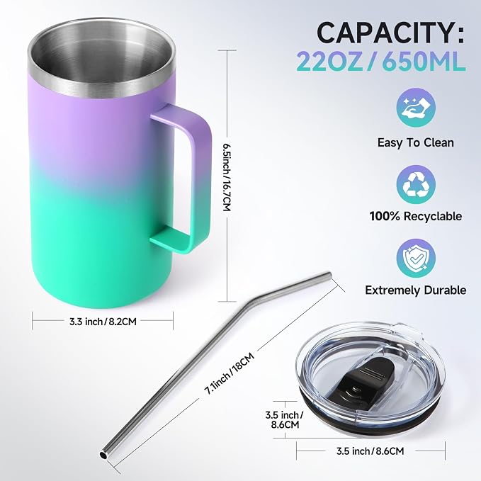Volhoply 22oz Insulated Stainless Steel Coffee Mug with Leakproof Lid,Double Wall Vacuum Travel Coffee Cup with Handle,Reusable Metal Tumbler,Camping Mugs Keep Hot&Cold(Purple Green,1)