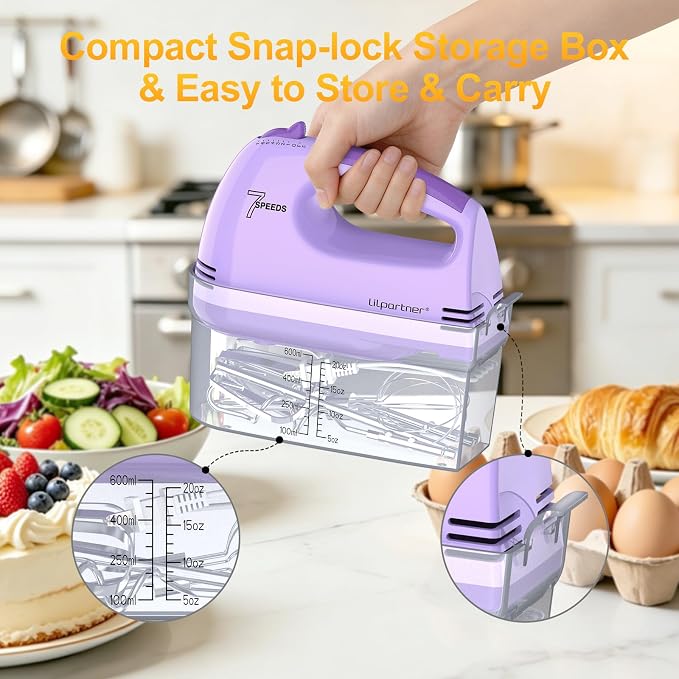 LILPARTNER Electric Hand Mixer with Storage Box, Ultra Power Kitchen Hand Mixer With 7-Speed & 5 Stainless Steel Accessories for Whipping Dough, Cream, Cake, Dishwasher Safe, PURPLE BOX