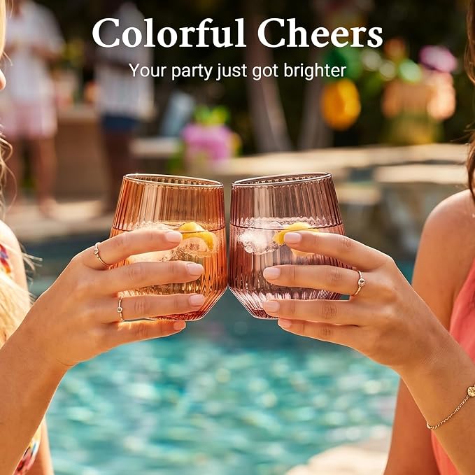 Brown Stemless Wine Glasses Set of 6, 12.5 Oz Lead-Free Ribbed Drinking Glass Cup for Wine, Cocktails, Champagne and Whiskey, Ideal Gifts for Weddings, Bars, Christmas, Halloween,Party, Daily Use