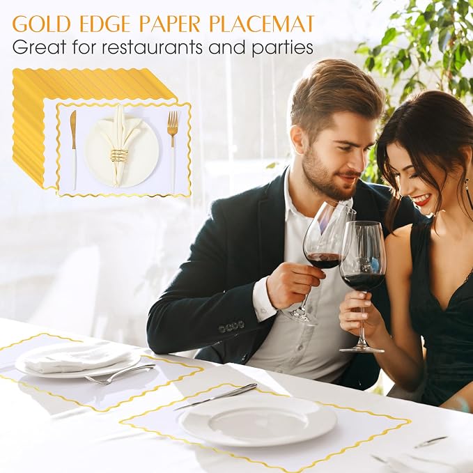 FoldTier 150 Pcs Disposable Paper Placemats Bulk 10"x14" Rectangle Place Mats with Scalloped Edges Dining Table Mat for Wedding Birthday Party Table Decoration(White)