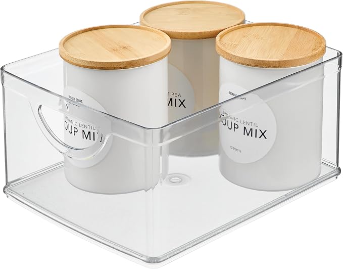 iDesign Plastic Stackable Kitchen Cabinet Storage Bin, Clear | With Handles, Pantry Organizer