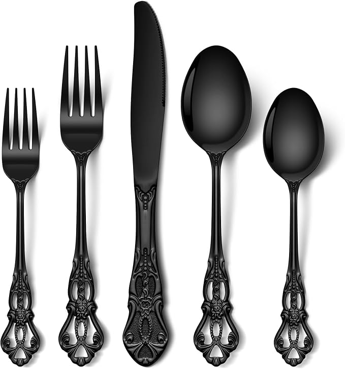 Stapava 30 Pcs Black Silverware Set, Gorgeous Retro Royal Silverware Set for 6, Stainless Steel Mirror Flatware Cutlery Set, Include Forks Spoons and Knives set, Dishwasher Safe Utensils
