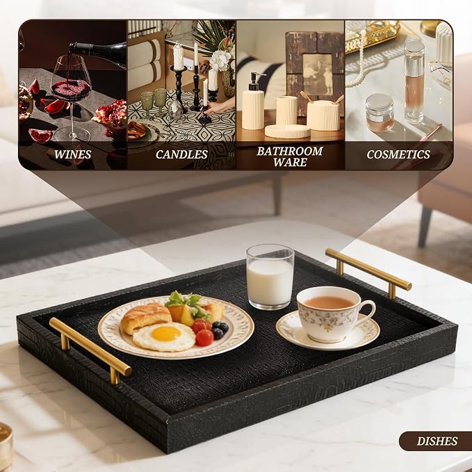 SXNOWS Faux Leather Serving Tray with Gold Handles, Black | 17x12 in Rectangle Decorative Tray, Perfect for Ottoman Coffee Table Kitchen Bar, Stylish Gift for Home Decor