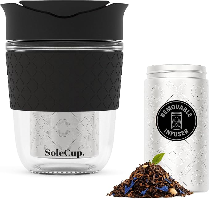 Travel Mug Loose Tea Infuser - Detachable Tea Strainer with Spillproof Lid - BPA-Free Reusable Glass Travel Coffee Cup with Silicone Band (Black, 12oz)