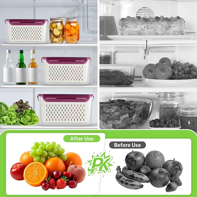 4Pack Fruit Storage Container for Fridge with Colander and Vent - Purple | 8 Pieces BPA Free Kitchen Refrigerator Organizers Plastic Fruit Containers for Fridge for Fruit Berry Salad Lettuce