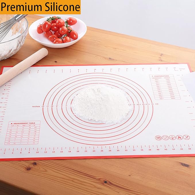 Silicone Baking Mat，Non Stick Rolling Dough with Measurements for Pie Pizza Cookies Fondant Making，Extra Thick Non Slip Silicone Pastry Mat (Red, XXL-24"×32")