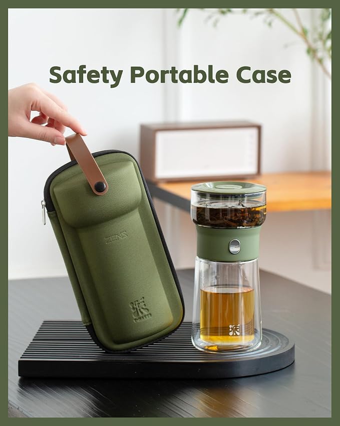 ZENS Modern Glass Infuser Teapot, Smart One Touch Tea Maker for Loose Tea | Glass Magic Tea Pot, Mess free Tea Steeper with Insulated Mug, Portable Tea Infuser with Case for Tea Lovers