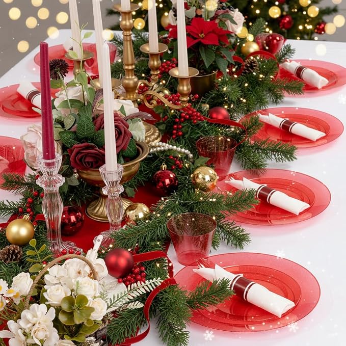 DaYammi 210PCS Red Glitter Plastic Dinnerware Set for 30 Guests, Fancy Disposable Plates for Party, Include: 30 Dinner Plates, 30 Dessert Plates, 30 Pre Rolled Napkins with Red Silverware, 30 Cups