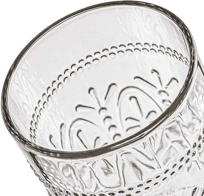 Colored Vintage Drinking Glasses Set of 4, 15.5 oz Romantic Embossed Water Glasses, Colored Tumblers Tempered Glass for Juice, Beverages, Beer, Cocktail (Gray)