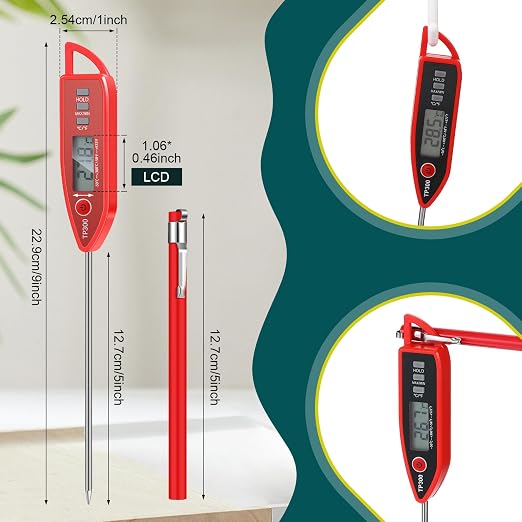 10 Set Digital Food Thermometer Long Probe Instant,Red | Waterproof for Water, Liquid, Candle and Cooking Meat Thermometer Read for Kitchen BBQ Grill Candy