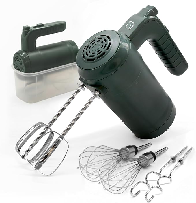 WILLOW Eco Series Electric Hand Mixer, 5 Speed Ultra Power Handheld Mixer with Stainless Steel Whisks, Beaters & Dough Hooks + Eject Button, 350W Kitchen Mixer with Snap-On Storage Case - GREEN