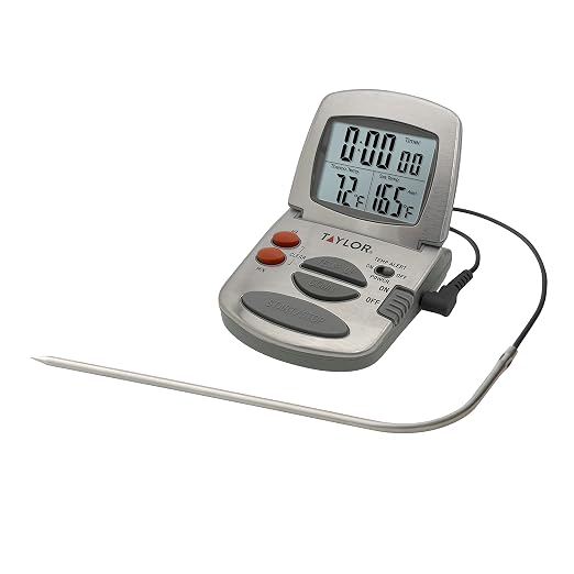 Taylor Programmable Instant-Read Wired Probe Digital Meat Thermometer, Stainless Steel for BBQ, Grill, Kitchen Cooking, Accurate Temperature Readings