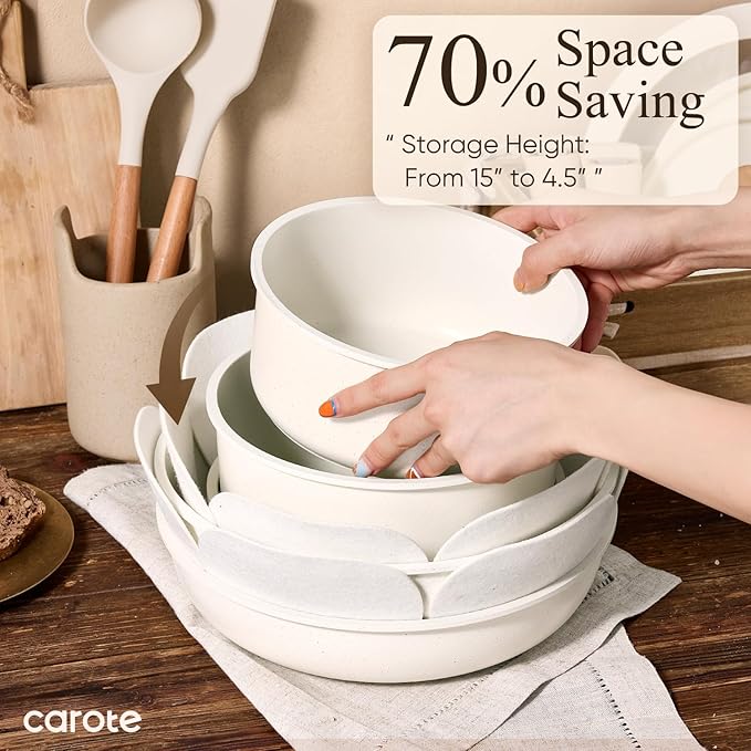 CAROTE 19pcs Pots and Pans Set Non Stick, Cookware Set Detachable Handle | Induction Compatible, Dishwasher & Oven Safe, Space Saving, Camping Cooking Set, Kitchen Set, White